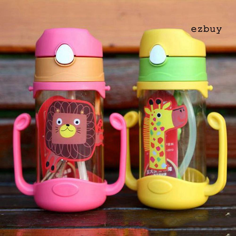 Bình nước 400ml chống rò rỉ họa tiết hoạt hình có ống hút và dây đeo cho bé