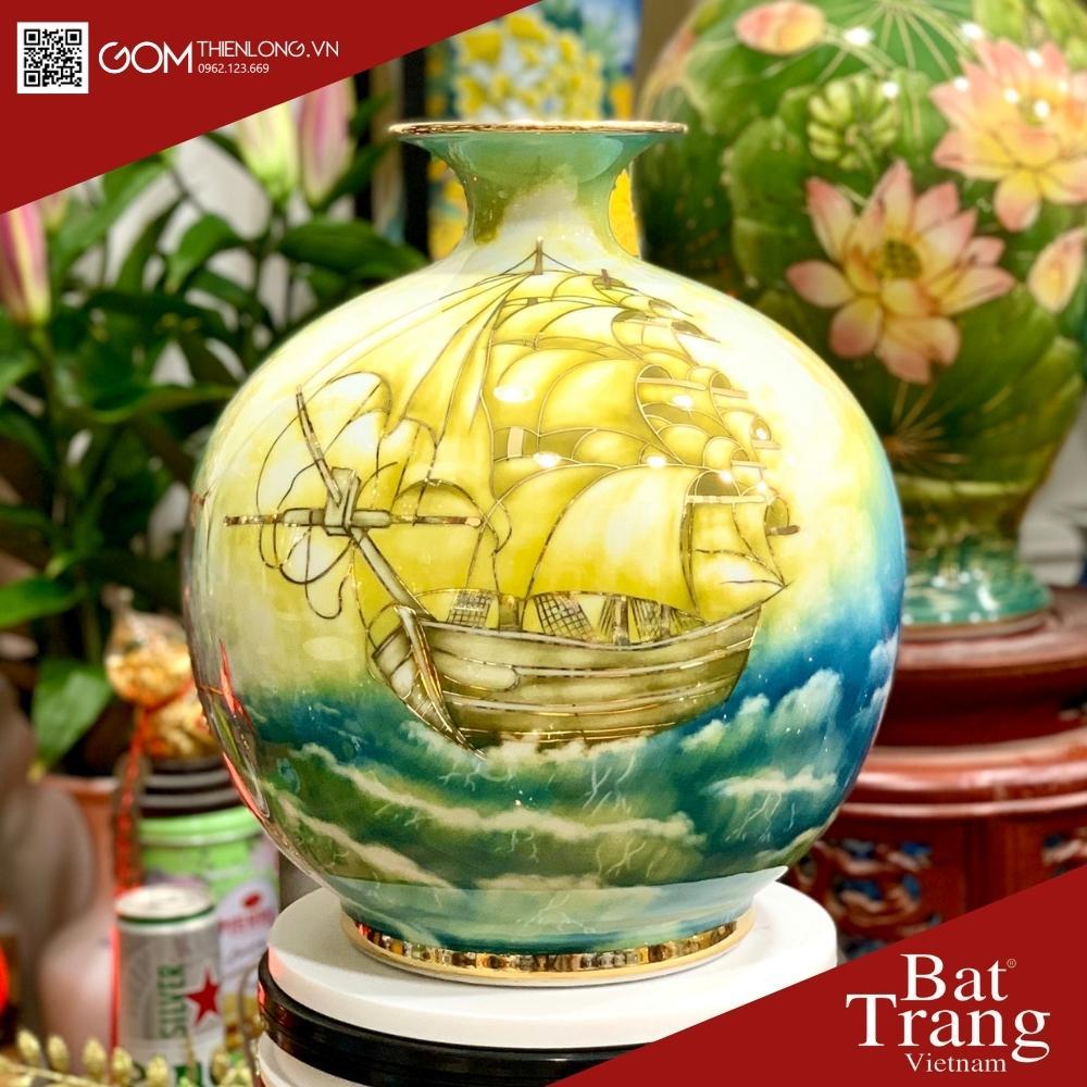 Bình Hút Lộc Sen Hồng Thuận Buồm - Vẽ Vàng 3D Hàng Kỹ - Bình Hút Tài Lộc Bát Tràng - Gốm Thiên Long