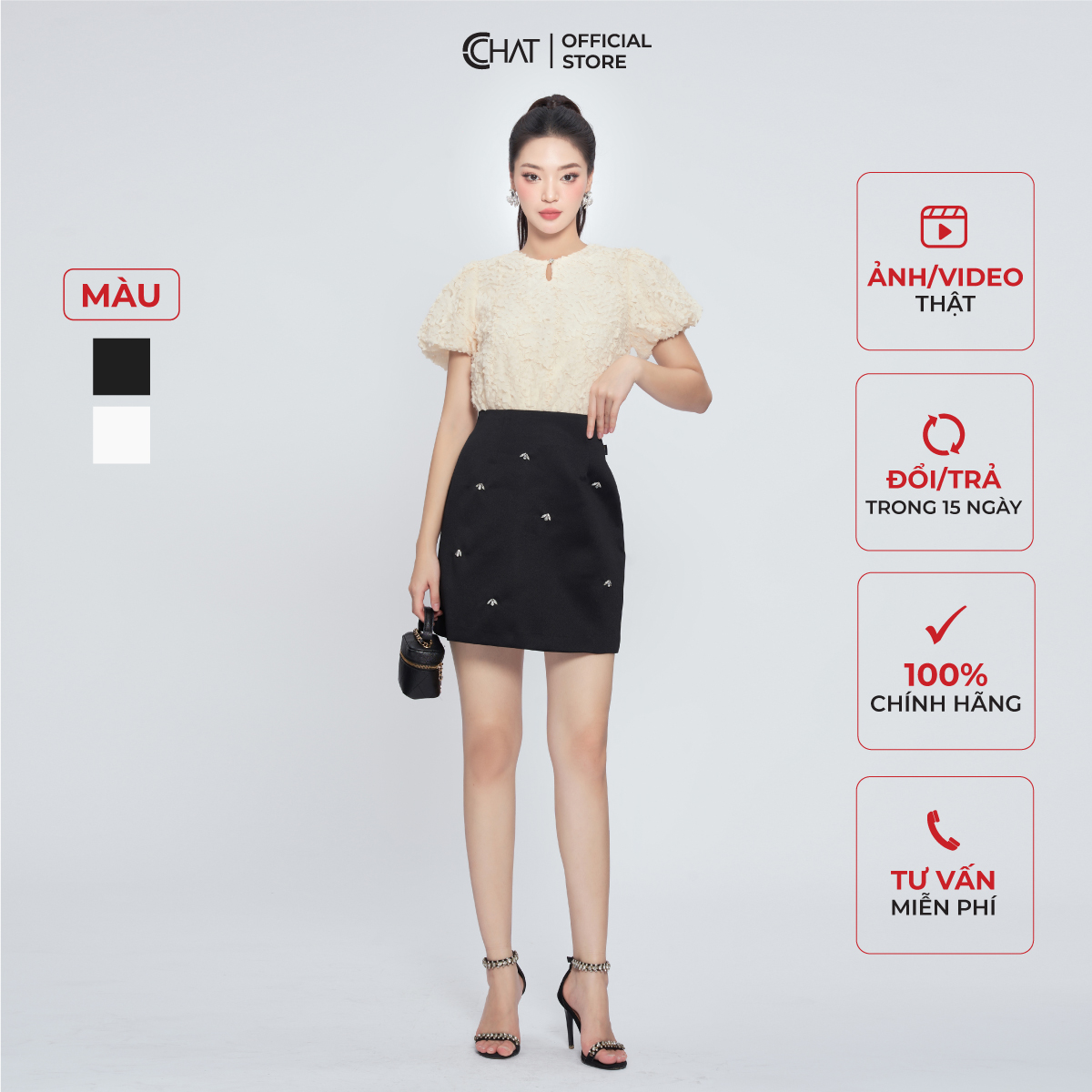 Chân Váy Dáng Ngắn Chữ A Đính Đá Chất Tafta Cao Cấp Phong Cách Thanh Lịch 13CNB9001AT