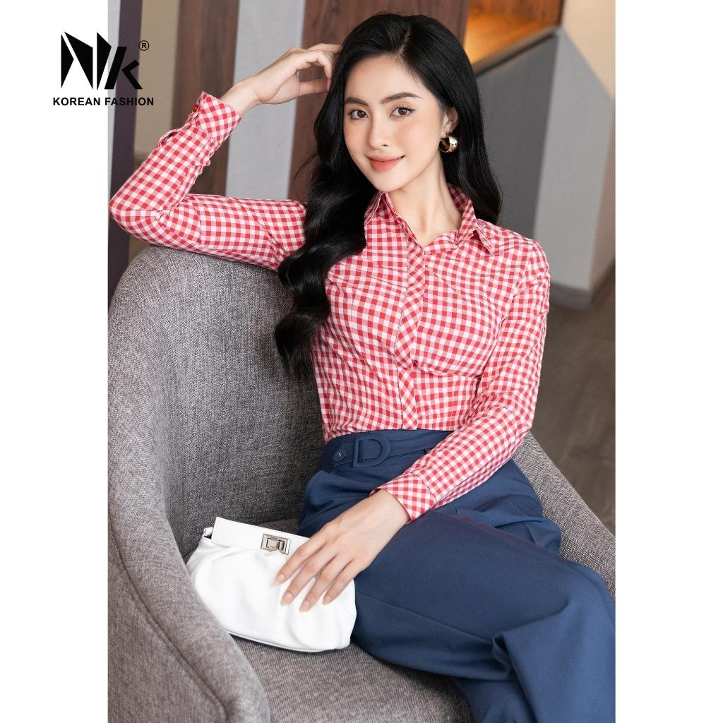 Áo Sơ Mi Dài Tay Nữ NK Fashion Thiết Kế Họa Tiết Kẻ Caro Basic, Chất Vải Cao Cấp, Không Nhăn Xù NKSM2202006