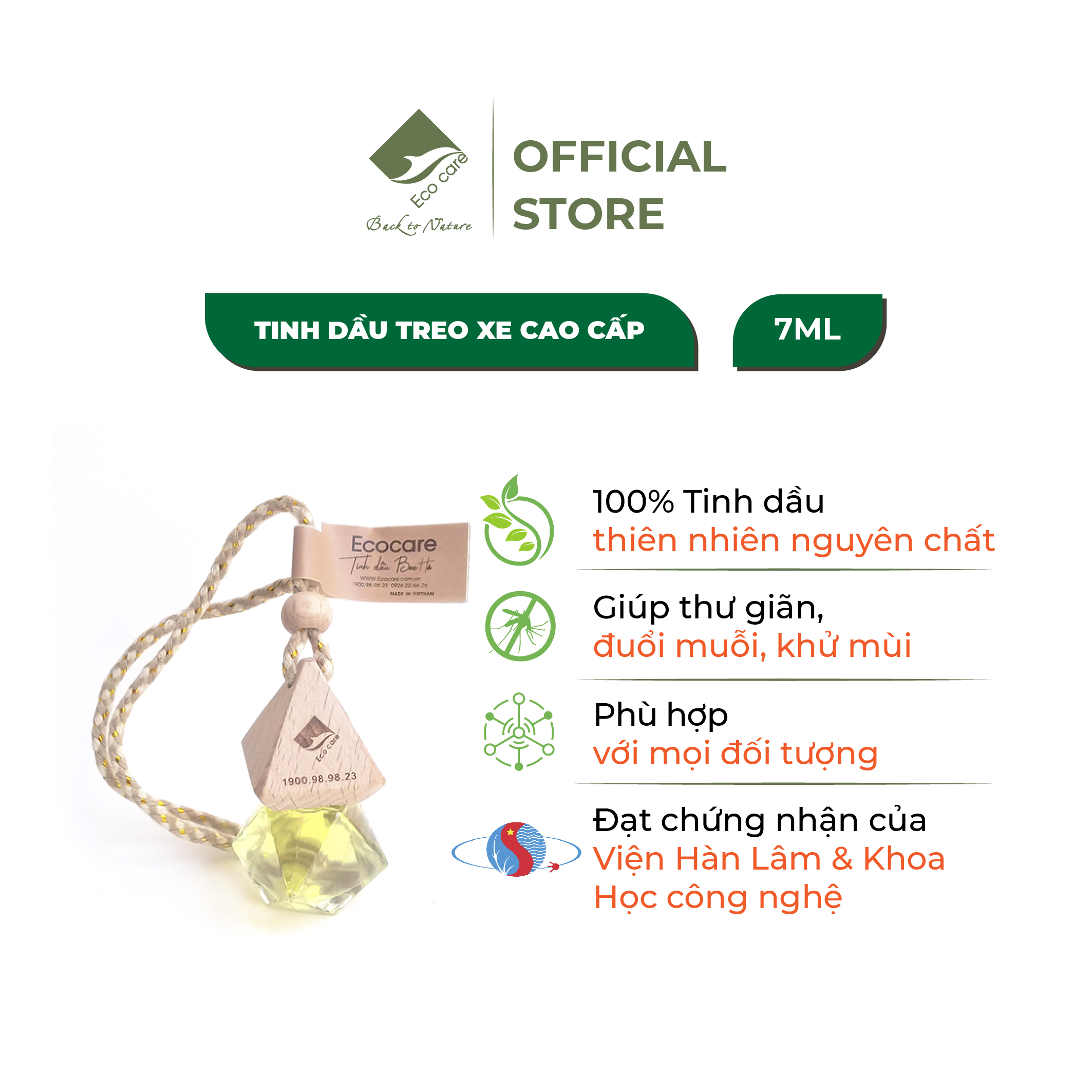 Tinh dầu treo xe ô tô cao cấp ECOCARE 7ml với thành phần nguyên chất tự nhiên, khử mùi và làm thơm xe hơi hiệu quả