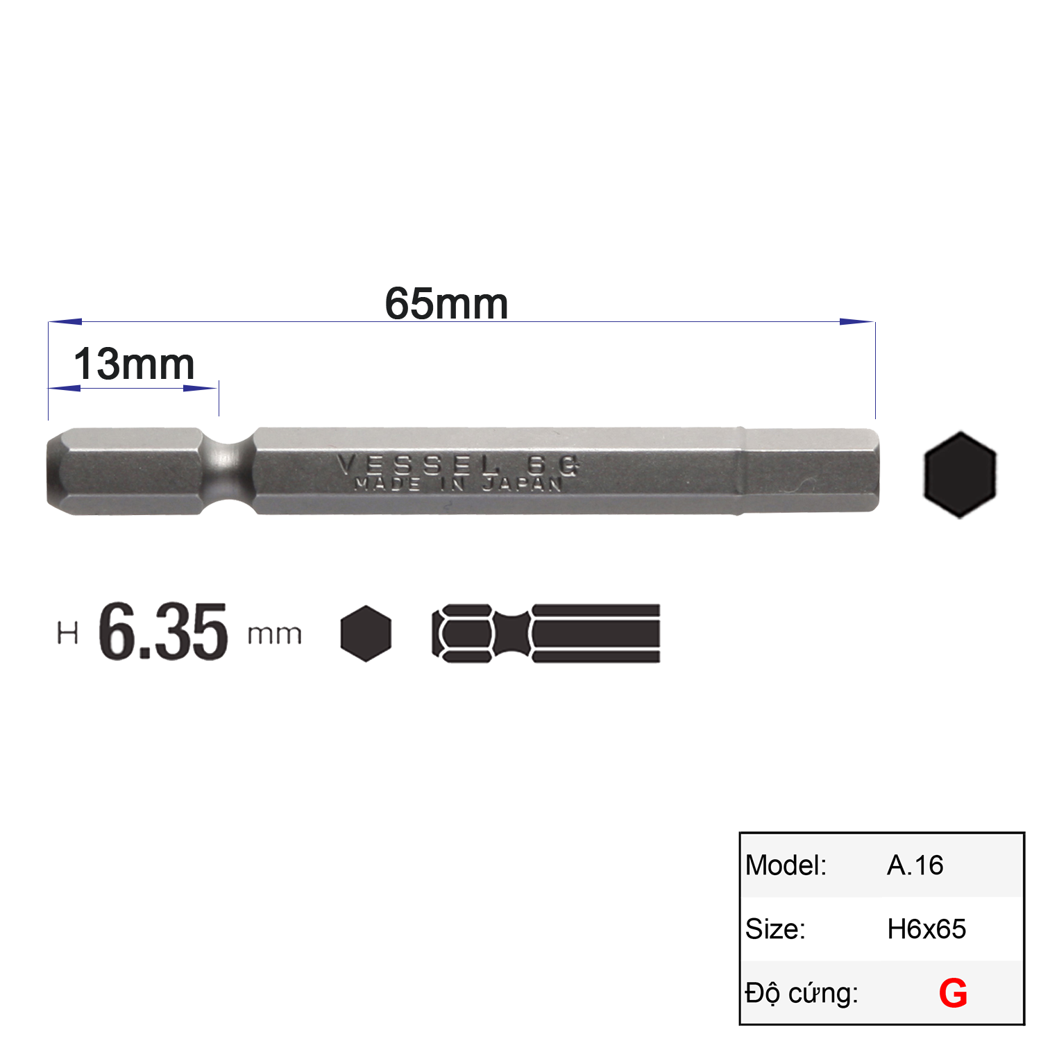 Mũi vặn vít đầu lục giác H6 chuôi lục giác H = 6,35 Vessel (Nhật Bản)