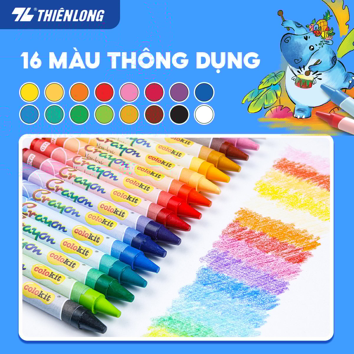 Bút sáp màu Thiên Long Colokit 16 màu mịn, ít bụi, đều màu tiêu chuẩn Châu Âu an toàn cho trẻ em tô màu, vẽ tranh CR-C08