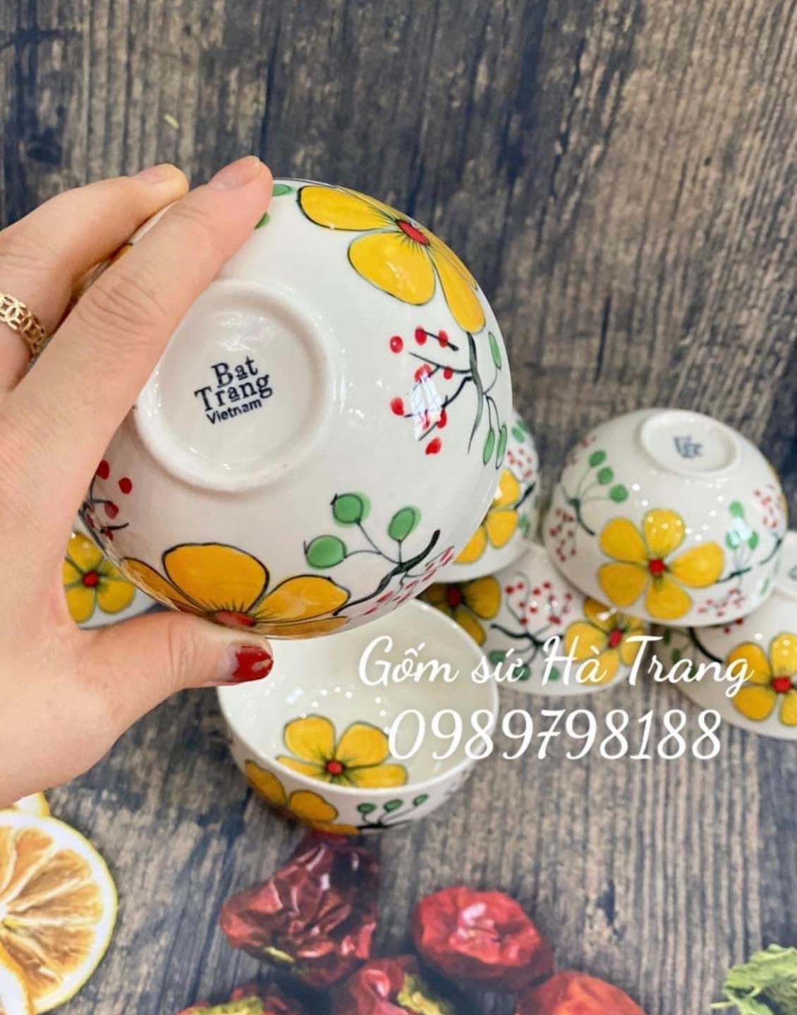 Combo 10 bát cơm gốm sứ Bát Tràng cao cấp vẽ tay hoạ tiết mai vàng