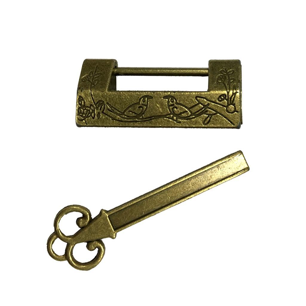 Retro Chinese Antique Style Brass Carved Bird Pattern Padlock Lock with Key