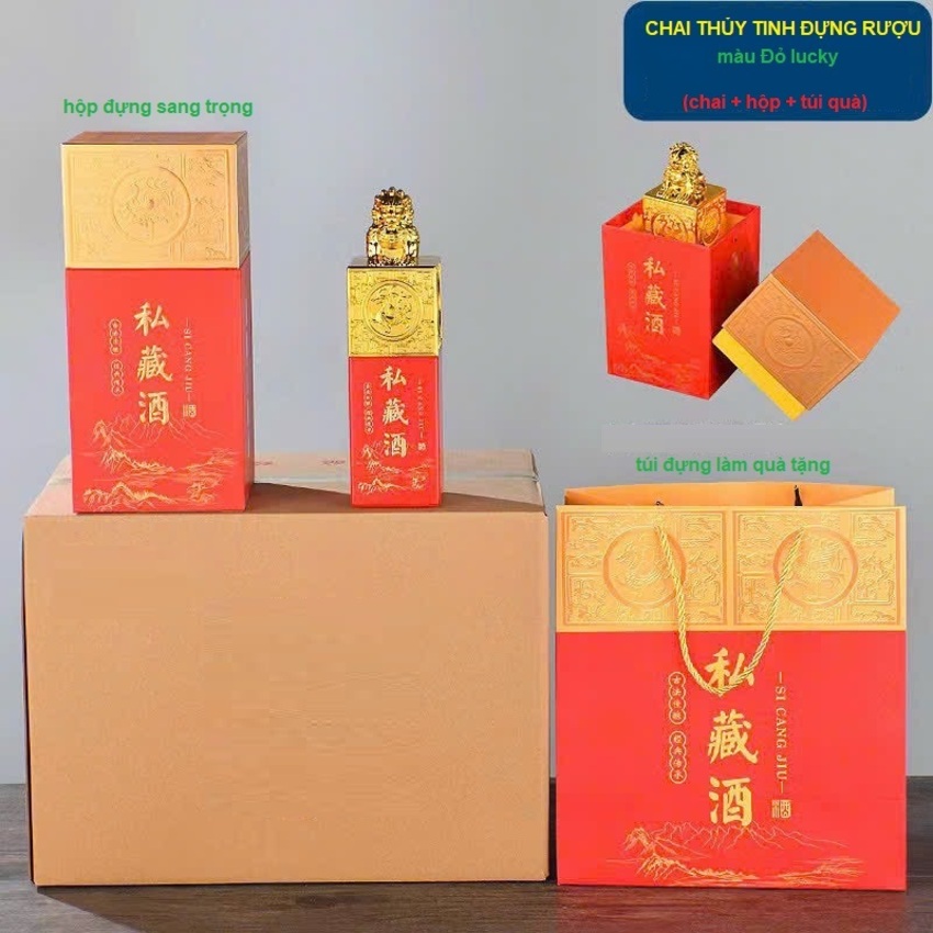 Chai Đựng Rượu 500ML mẫu ngọc tỷ ấn ký – kèm hộp giấy và túi đựng quà – 3 màu lựa chọn - Chai Thủy Tinh Đựng Rượu – Vỏ Chai Rượu Đẹp