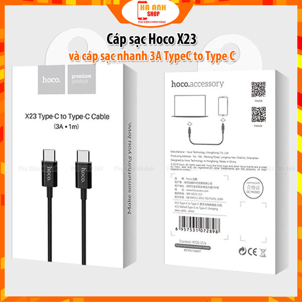 Cáp sạc Hoco X23 và cáp sạc nhanh 3A TypeC to Type C dành cho điện thoại - Hàng Chính Hãng