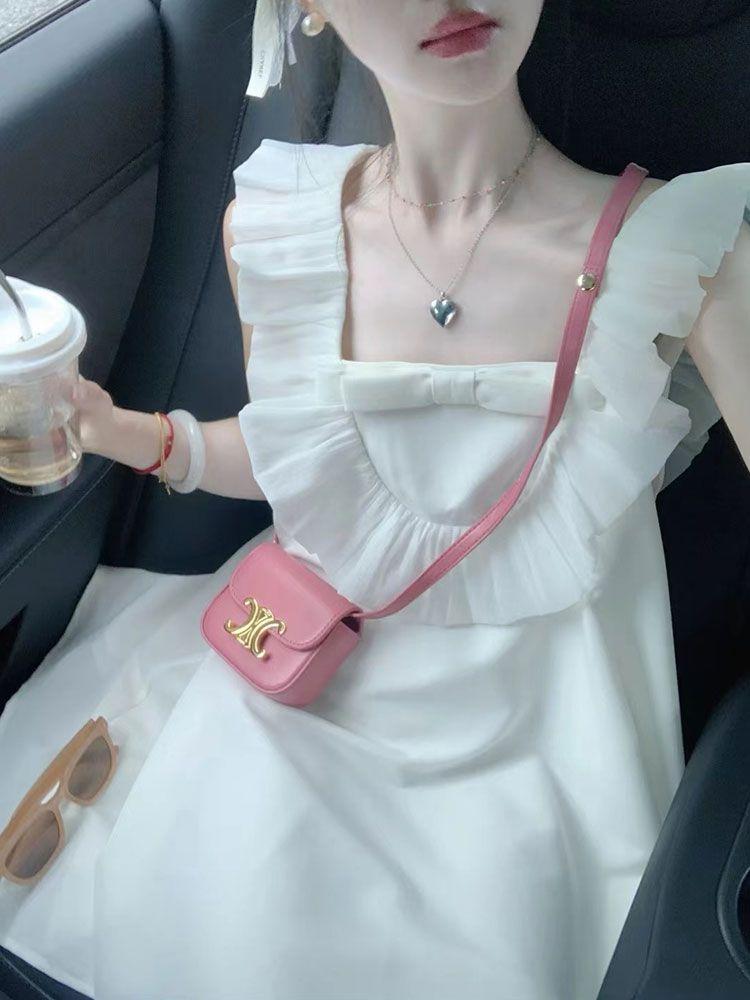 CHENGRUI Váy trắng nữ không tay viền lá sen Hàn Quốc rộng thùng thình, dịu dàng, phong cách ngọt ngào, váy công chúa mùa xuân và mùa hè.