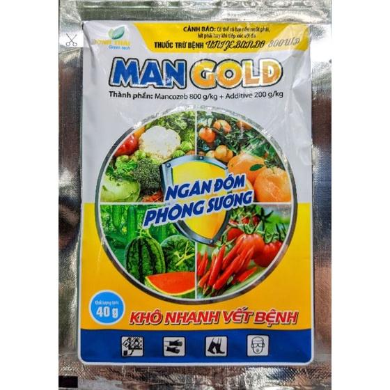 Thuốc trừ nấm bệnh Man gold 40g. Trị vàng lá, sương mai, đốm lá. Màu vàng nhạt không bẩn lá, hoa quả