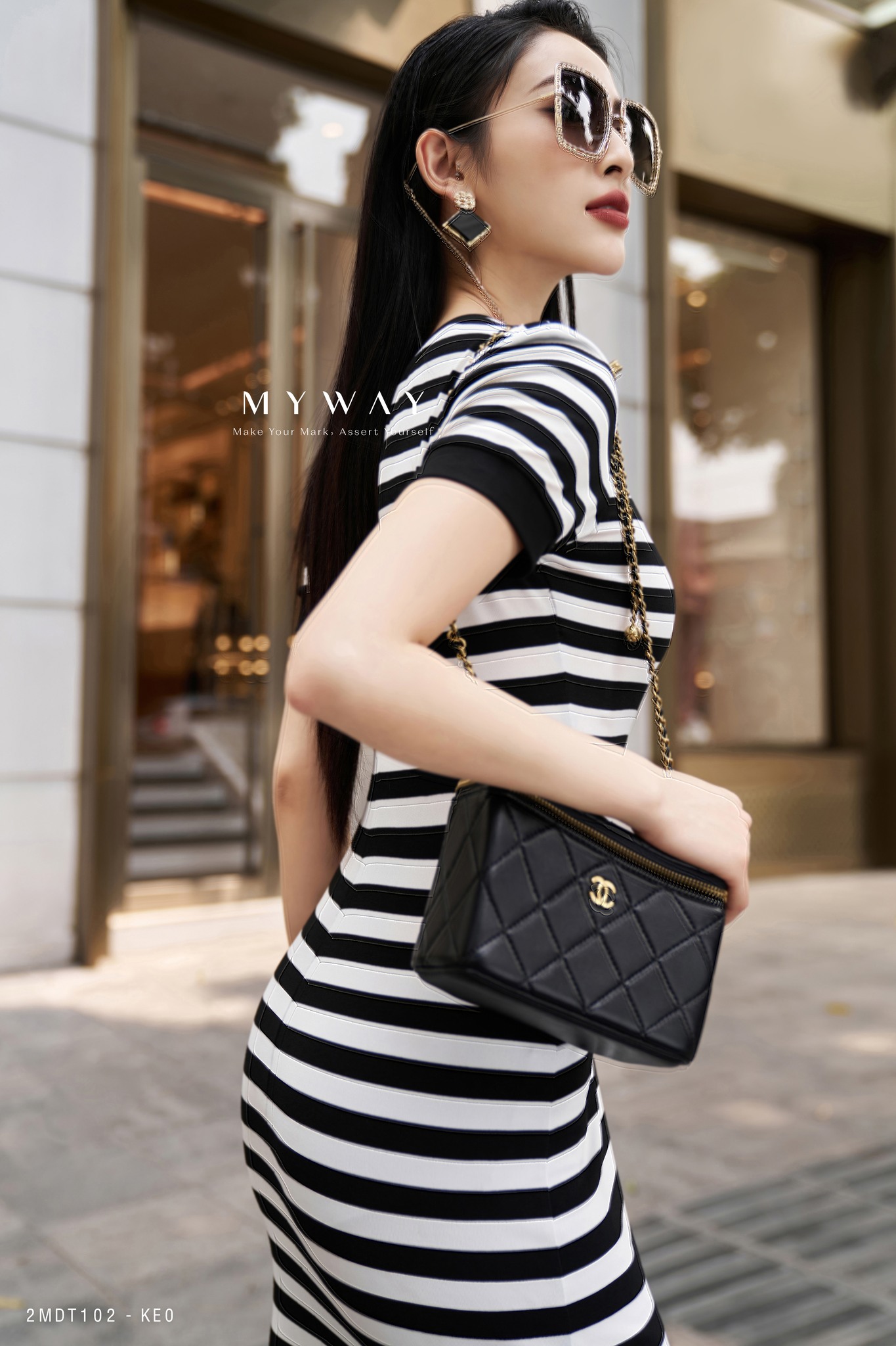Đầm Thun Ôm Body Nữ My Way Đi Chơi Ngắn Tay Cổ Tròn Họa Tiết Kẻ Cao Cấp 2MDT102