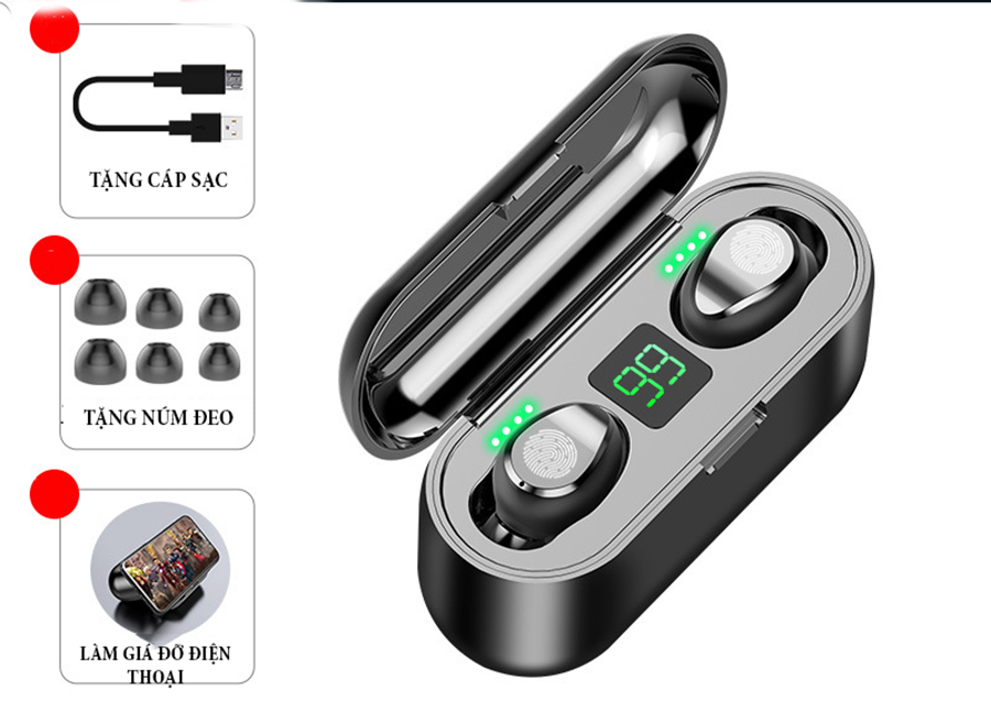 Tai Nghe Bluetooth TWS F9 Tai Nghe Nhét Hai Tai Bluetooth 5.0 True wireless Cảm Ứng Vân Tay, Nút Bấm Chống Nước Dock Sạc Dự Phòng - VÂN TAY