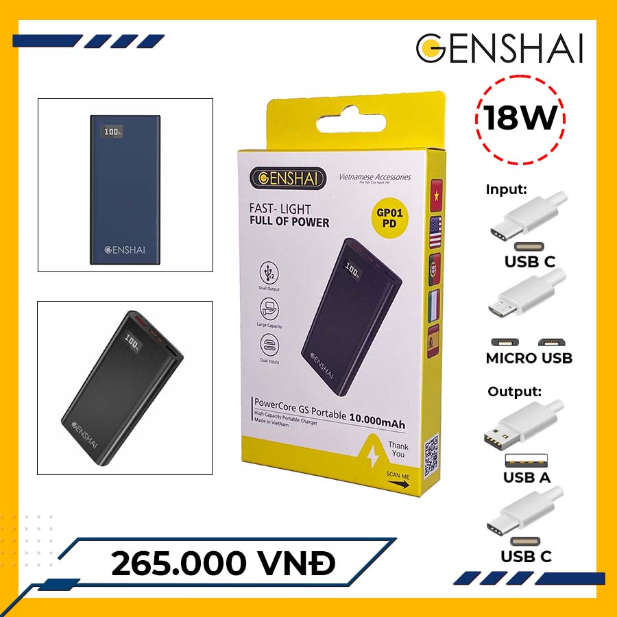 Pin sạc dự phòng Genshai GP01PD sạc nhanh 10.000mAh - Hàng chính hãng