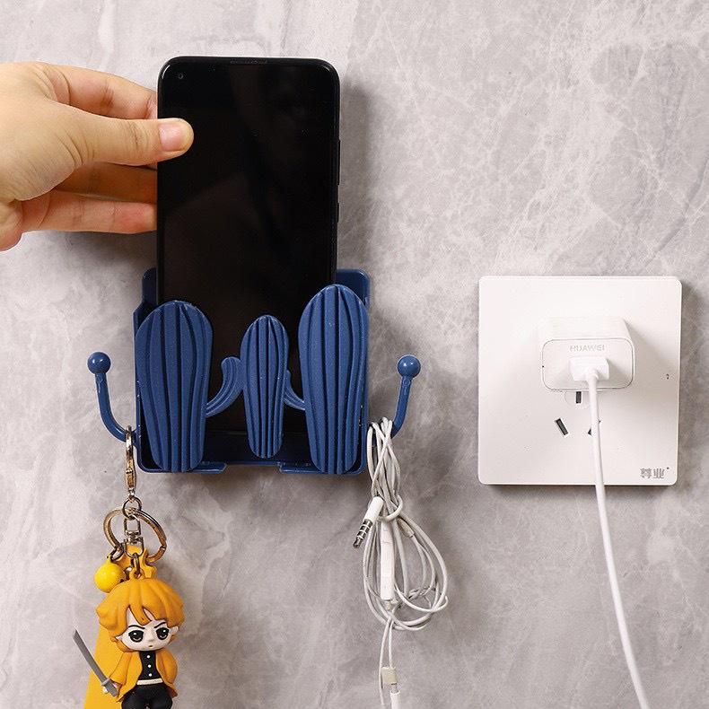 Kệ Dán Tường Hình Xương Rồng Có Tai Để Remote, Đồ Dùng / Giá Đỡ Sạc Điện Thoại - Có Móc Treo Chìa Khóa, Dây Sạc
