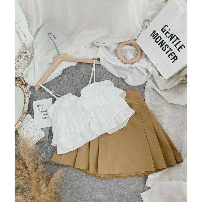 SET CROP TRẮNG 2S BÈO TẦNG + CHÂN VÁY NUDE XẾP LY