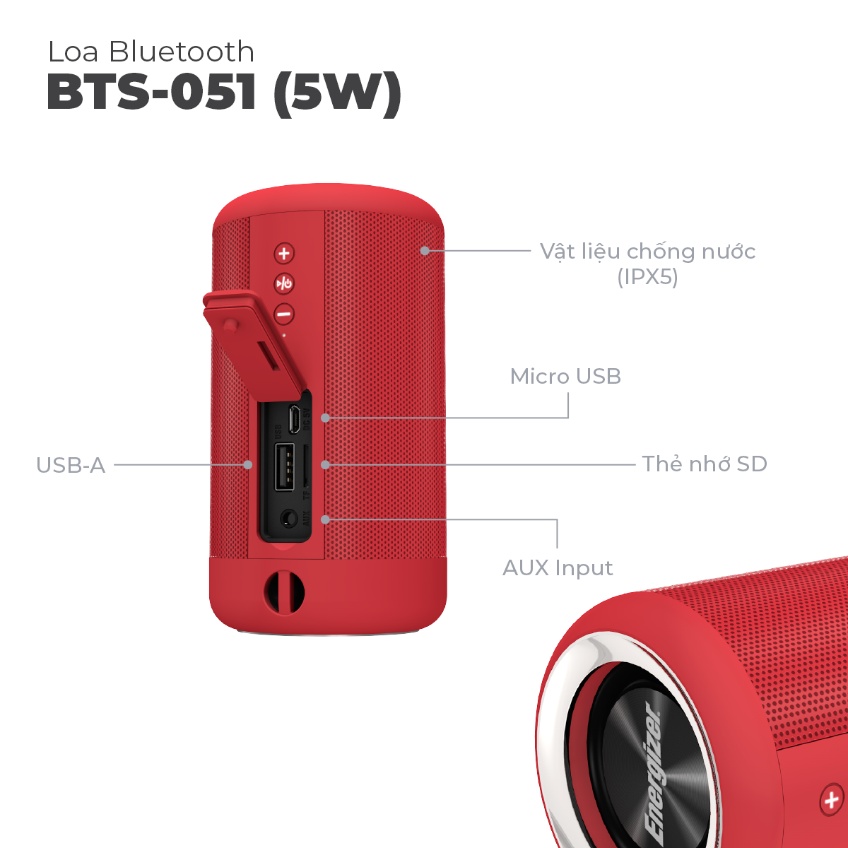 Loa Bluetooth kèm pin sạc dự phòng Energizer BTS-051, dung lượng 2,000mAh, chống nước theo tiêu chuẩn IPX5, hỗ trợ thẻ micro SD, AUX - Hàng chính hãng