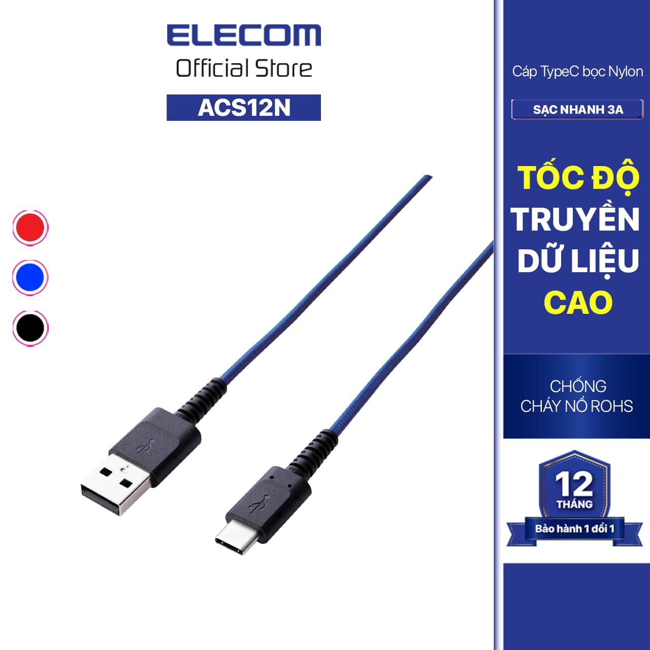 Cáp sạc chuẩn Type-C bọc nylon 1.2M Elecom MPA-ACS12N - Hàng chính hãng