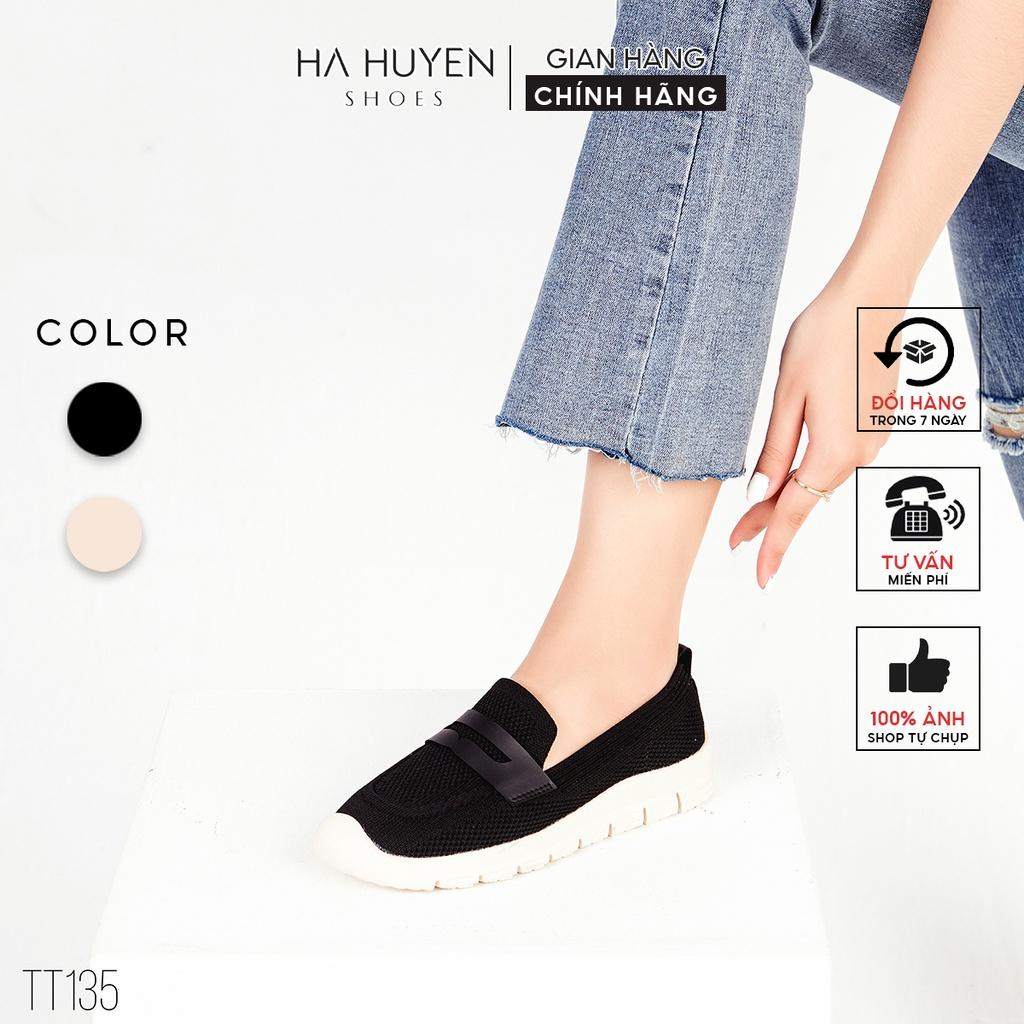 Giày slip on nữ Hà Huyền Shoes vải len lỗ phối đai da ngang dáng thể thao năng động - TT135