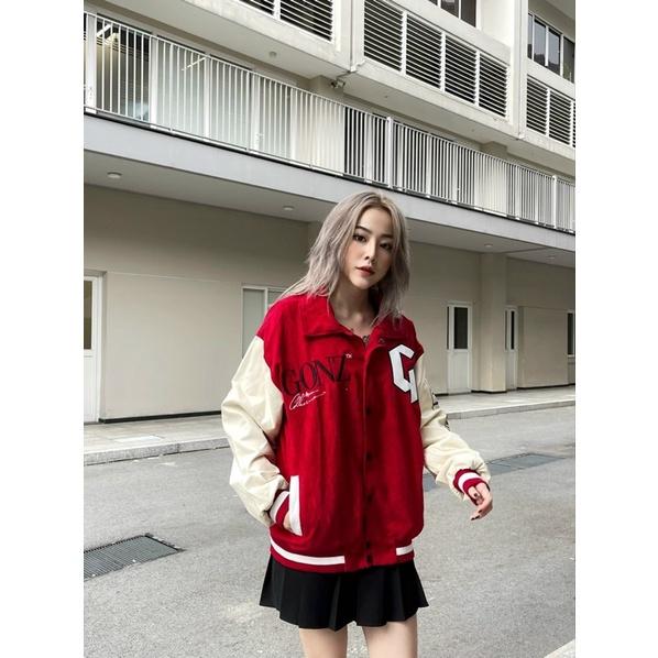 Áo Khoác Nhung Tăm Form Rộng Phối Tay Da Leather Seeve Jacket Varsity V16 - Màu Đỏ