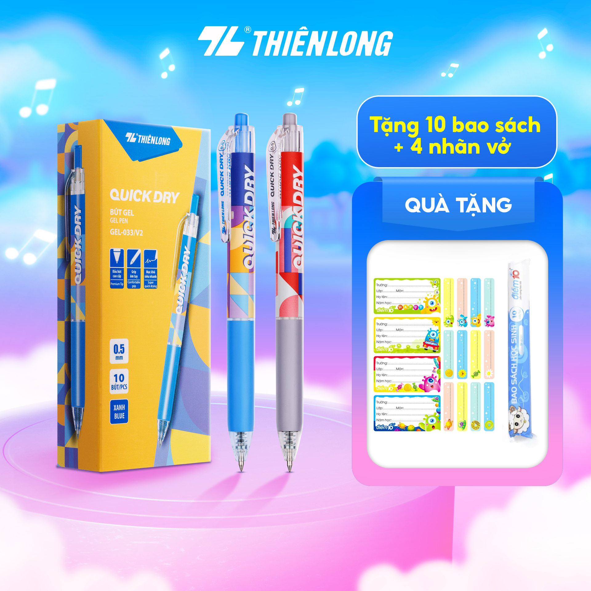 Combo 5/10/20 Bút gel Quick Dry Thiên Long Gel-033/V2 - Mực khô siêu nhanh - Họa tiết thời trang