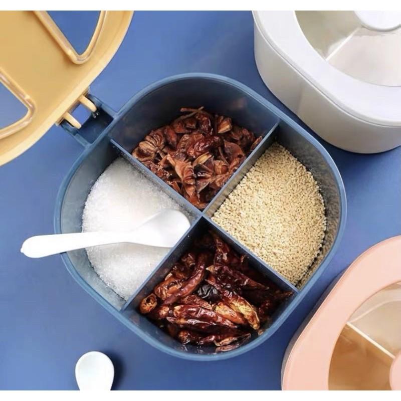 Hũ gia vị,hộp đựng gia vị 4 ngăn kèm thìa cao cấp