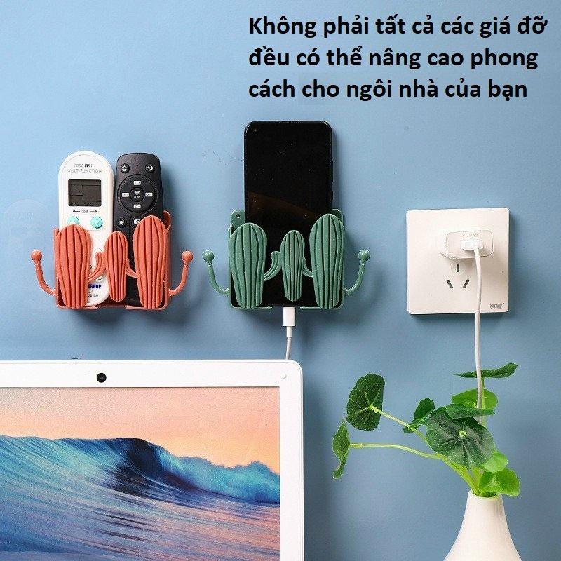 Kệ Dán Tường Hình Xương Rồng Có Tai Để Remote, Đồ Dùng / Giá Đỡ Sạc Điện Thoại - Có Móc Treo Chìa Khóa, Dây Sạc