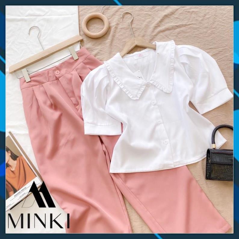 SET ÁO SƠ MI + QUẦN SUÔNG Pastel - Chất liệu cao cấp -Màu Trắng phối Hồng pastel
