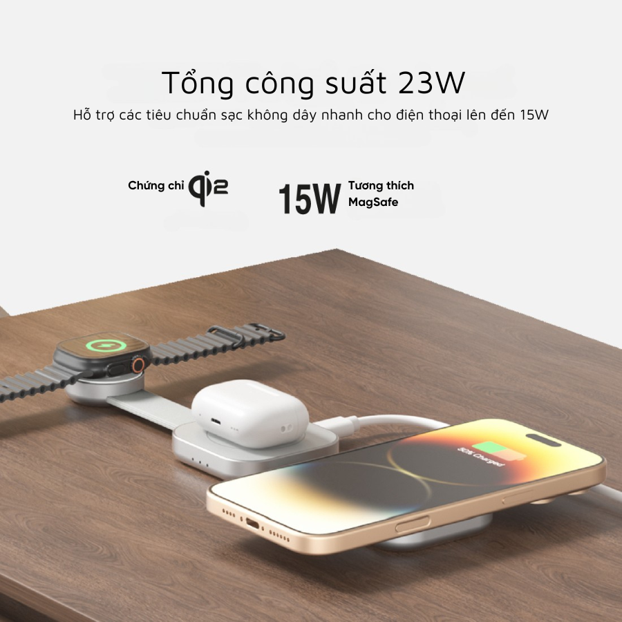 Đế Sạc Không Dây MAZER 3in1 Qi2 MagTrifold03 Sạc Đồng Thời 3 Thiết Bị Công Suất 15W Đạt Chuẩn Qi2 &amp; MaggSafe Gấp Gọn Hàng Chính Hãng