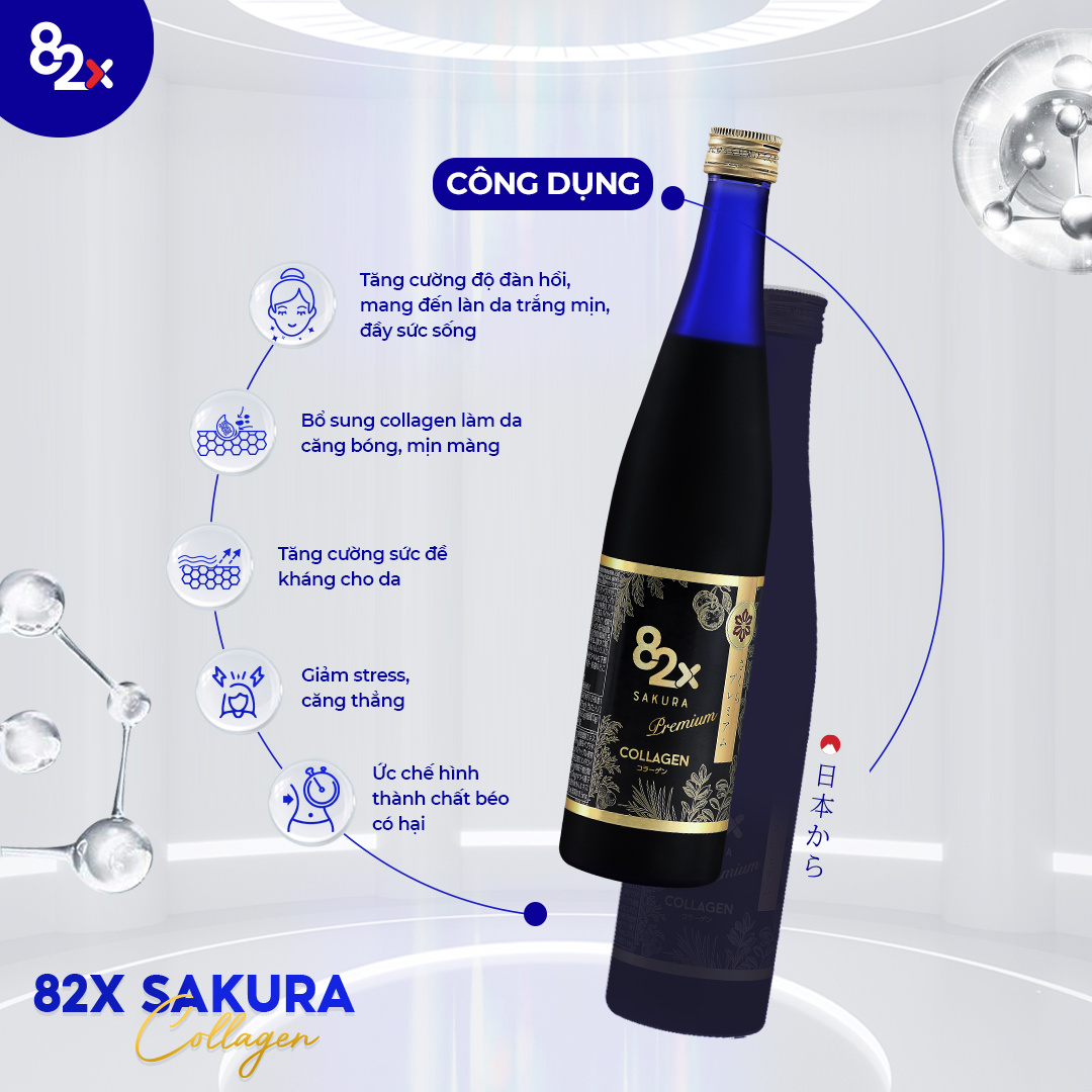 SẮC ĐẸP VƯỢT THỜI GIAN với combo 1 chai 82X COLLAGEN SAKURA và 82X AI STEM CELL SERUM giúp cấp ẩm và phục hồi, chống lão hóa hoàn hảo đến từ Nhật Bản; 500ml/ chai collagen và 10ml/ chai serum
