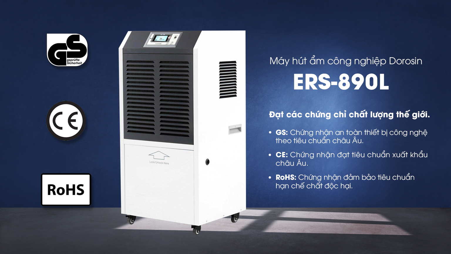 Máy hút ẩm công nghiệp Dorosin Airko ERS-890LS- công suất 90 lít/ ngày - diện tích dùng 110-150m2 - HÀNG NHẬP KHẨU CHÍNH HÃNG