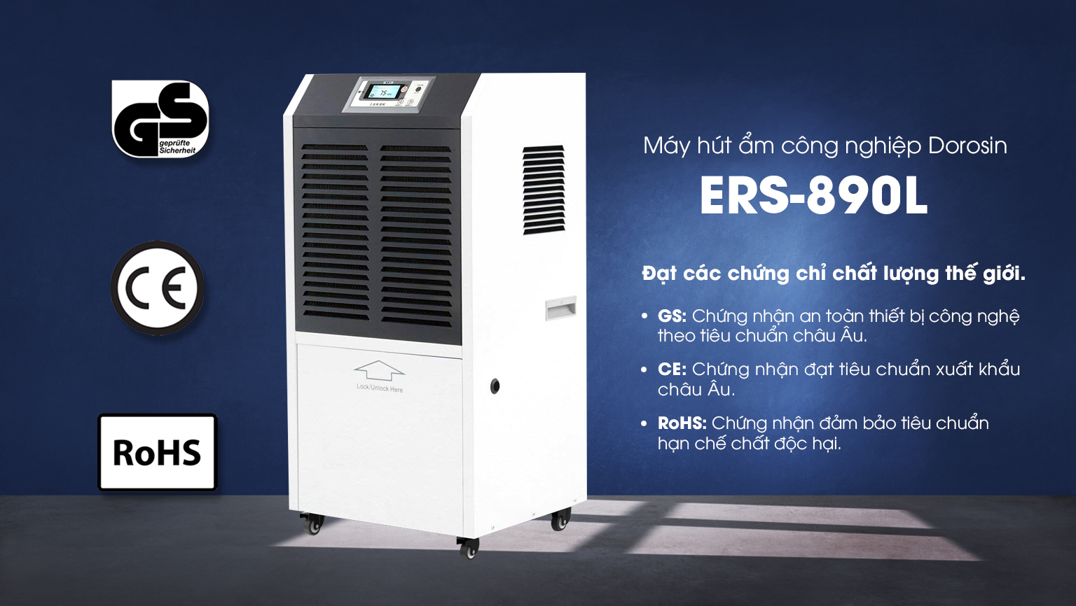 Máy hút ẩm công nghiệp Dorosin ERS-890LS- công suất 90 lít/ ngày - diện tích dùng 110-150m2 - HÀNG NHẬP KHẨU CHÍNH HÃNG