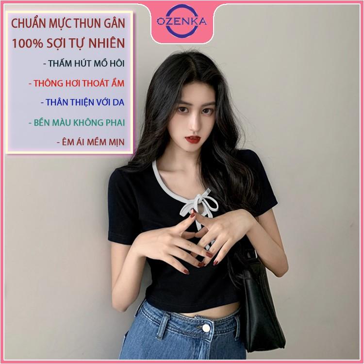 Áo croptop nữ ôm body tay ngắn , áo crt cổ chữ v phối nơ thun gân 100% cotton đẹp mịn mát free size dưới 50 kg