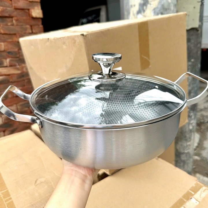 Chảo 2 Quai Sâu Lòng Chống Dinh Tổ Ong Đáy Từ Inox 3 Lớp 28cm Cao Cấp