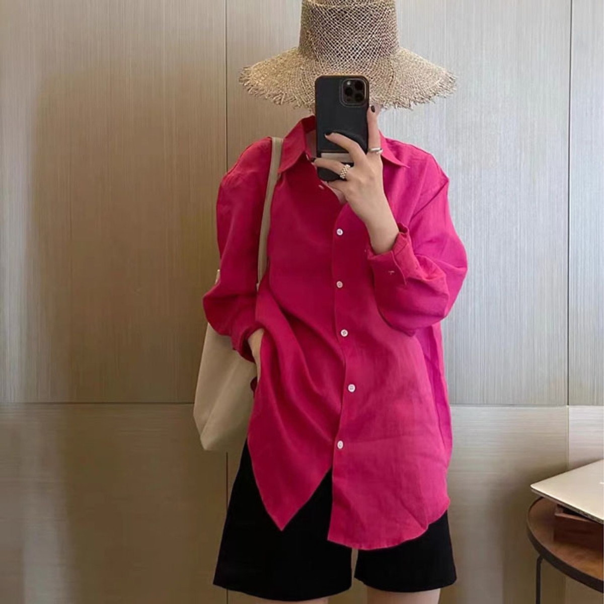 Áo sơ mi nữ form rộng Basic dài tay cổ đức, chất liệu Linen bột Premium mềm mát thoáng khí