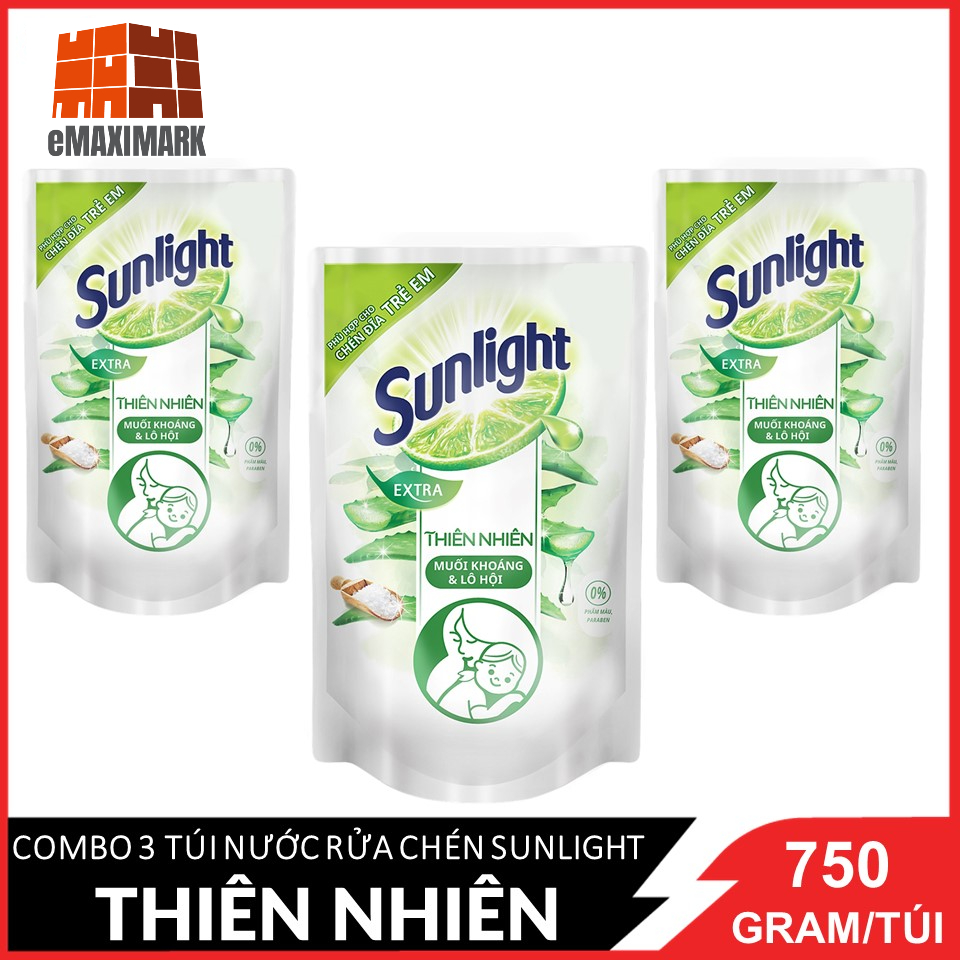 COMBO 3 Túi Nước rửa chén Sunlight Thiên nhiên (trắng) Túi 750gx3