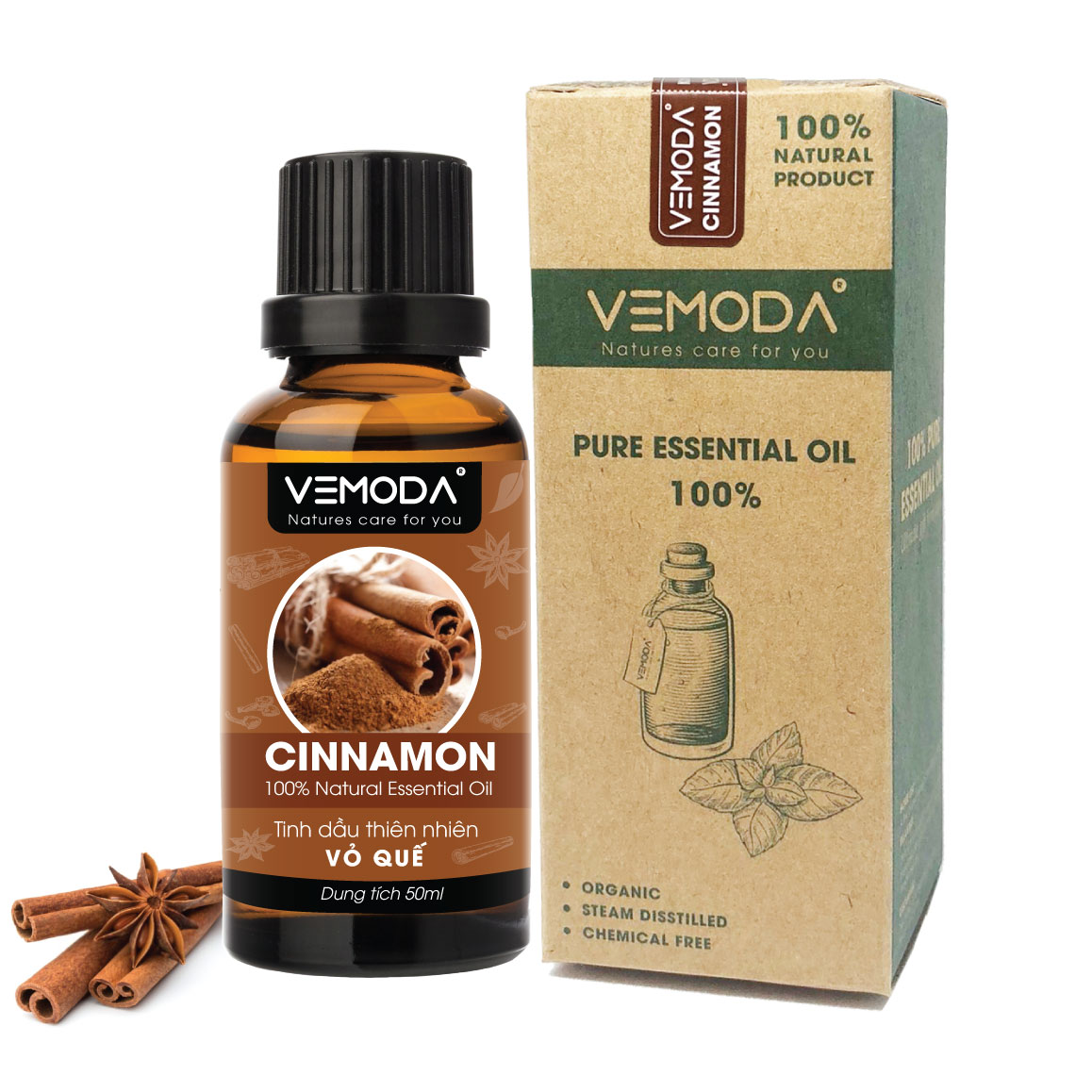 Tinh dầu xông phòng cao cấp gồm 2 chai tinh dầu nguyên chất: tinh dầu Sả chanh + tinh dầu Vỏ quế Vemoda