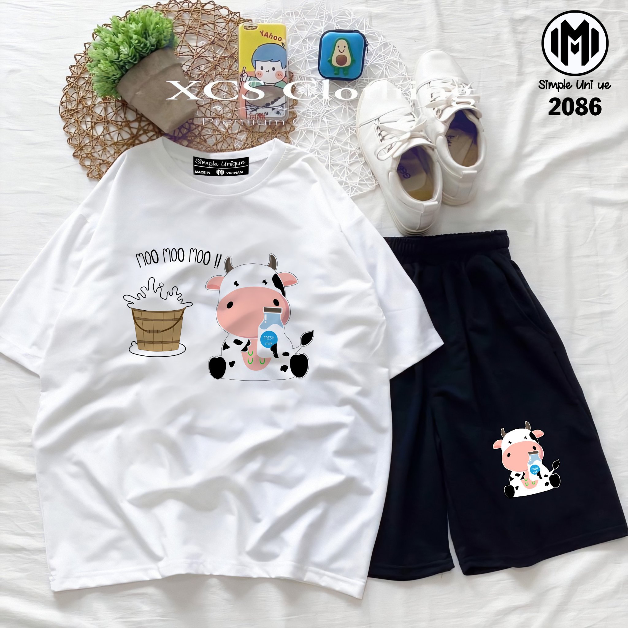 Set bộ thun Unisex nam nữ BÒ UỐNG SỮA quần short kết hợp áo thun form rộng