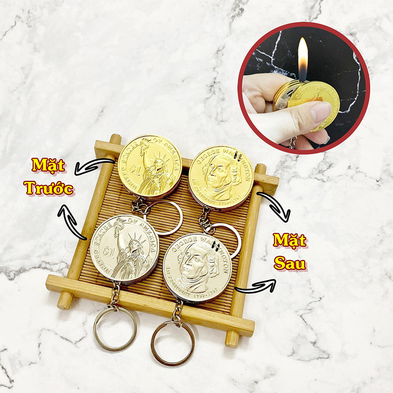 Bật Lửa Móc Khóa Đồng Xu Vàng Bạc Kim Loại - Xài Gas