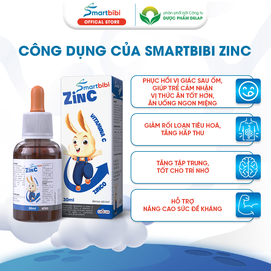 Smartbibi ZINC siro bổ sung Kẽm và Vitamin C hỗ trợ tăng đề kháng cải thiện tình trạng biếng ăn, chậm lớn ở trẻ nhỏ 30ml