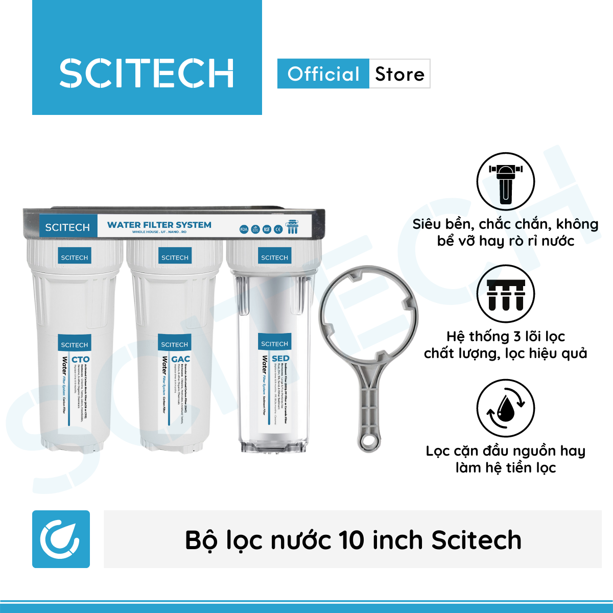 Bộ lọc nước sinh hoạt, bộ ba lọc thô 10 inch Scitech - Hàng chính hãng