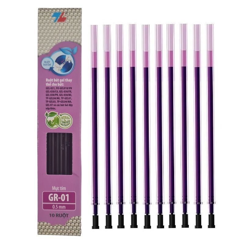 Vỉ 10 ruột bút gel nước Thiên Long GR-01 / GR01 ngòi 0.5mm thay cho các loại bút gel dạng đậy nắp