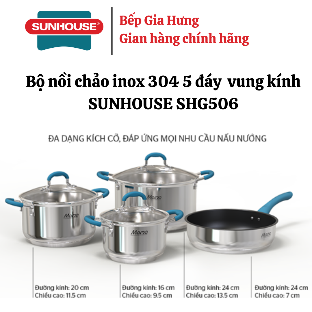 Bộ nồi chảo inox 304 5 đáy cao cấp bọc quai chống nóng Sunhouse SHG509