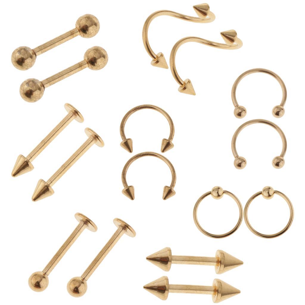 16pcs 16G Stainless Steel Curved Barbell Spike Nose Navel Eyebrow Tongue Ring