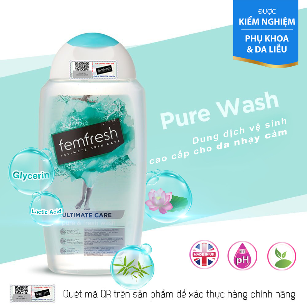 Dung dịch vệ sinh phụ nữ cao cấp cho da nhạy cảm Femfresh Pure &amp; Fresh Wash 250ml, làm sạch khuẩn, tạo cảm giác tươi mát