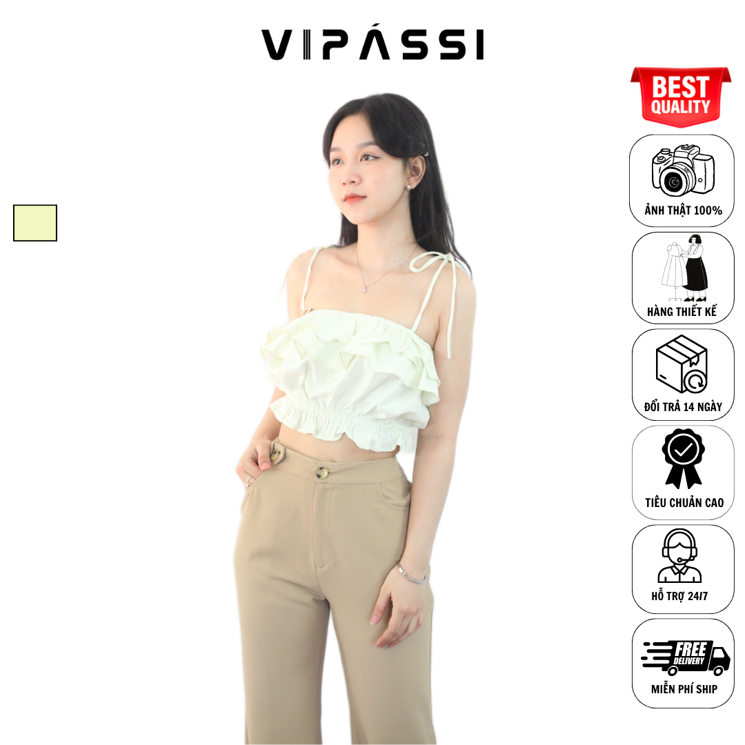 VIPÁSSI - Áo Hai Dây Linen Nhún Phối Bèo 2 Tầng Xanh Nhạt Ngắn Bo Thun Eo
