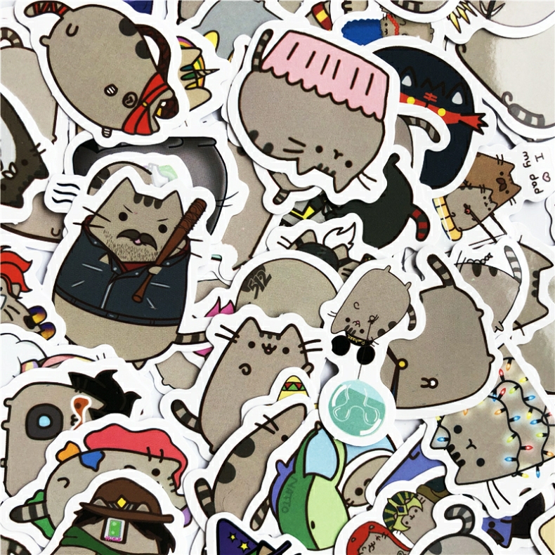 Bộ sticker mèo xám pusheen đáng yêu chống thấm nước trang trí mũ bảo hiểm, đàn, guitar, ukulele, điện thoại laptop