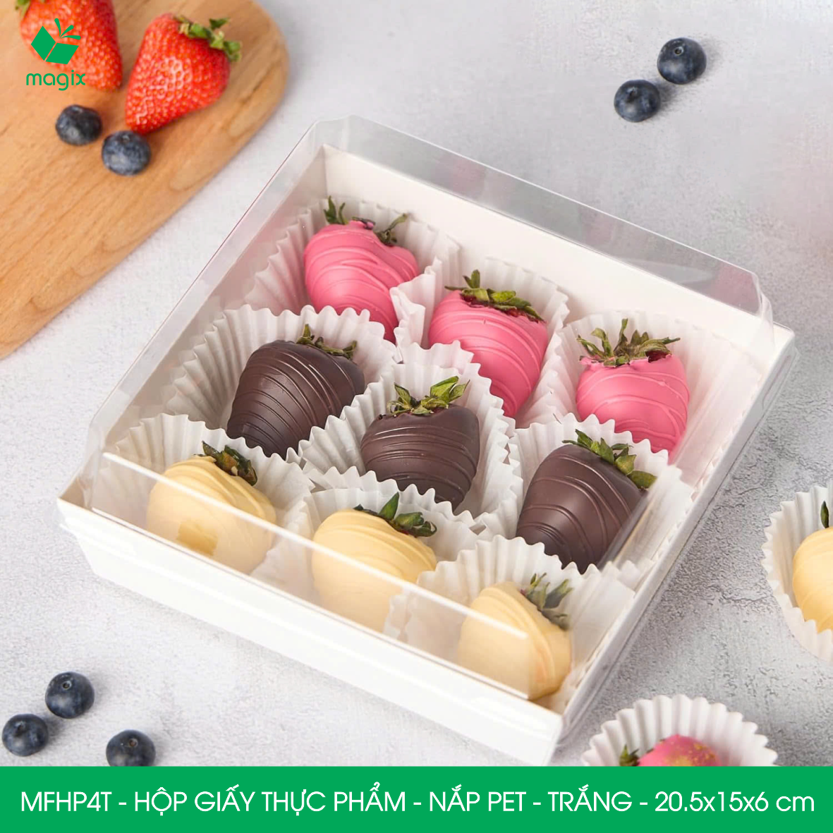 MFHP4T - 20.5x15x6 cm - 25 hộp giấy thực phẩm màu trắng nắp Pet, hộp giấy chữ nhật đựng thức ăn, hộp bánh nắp trong