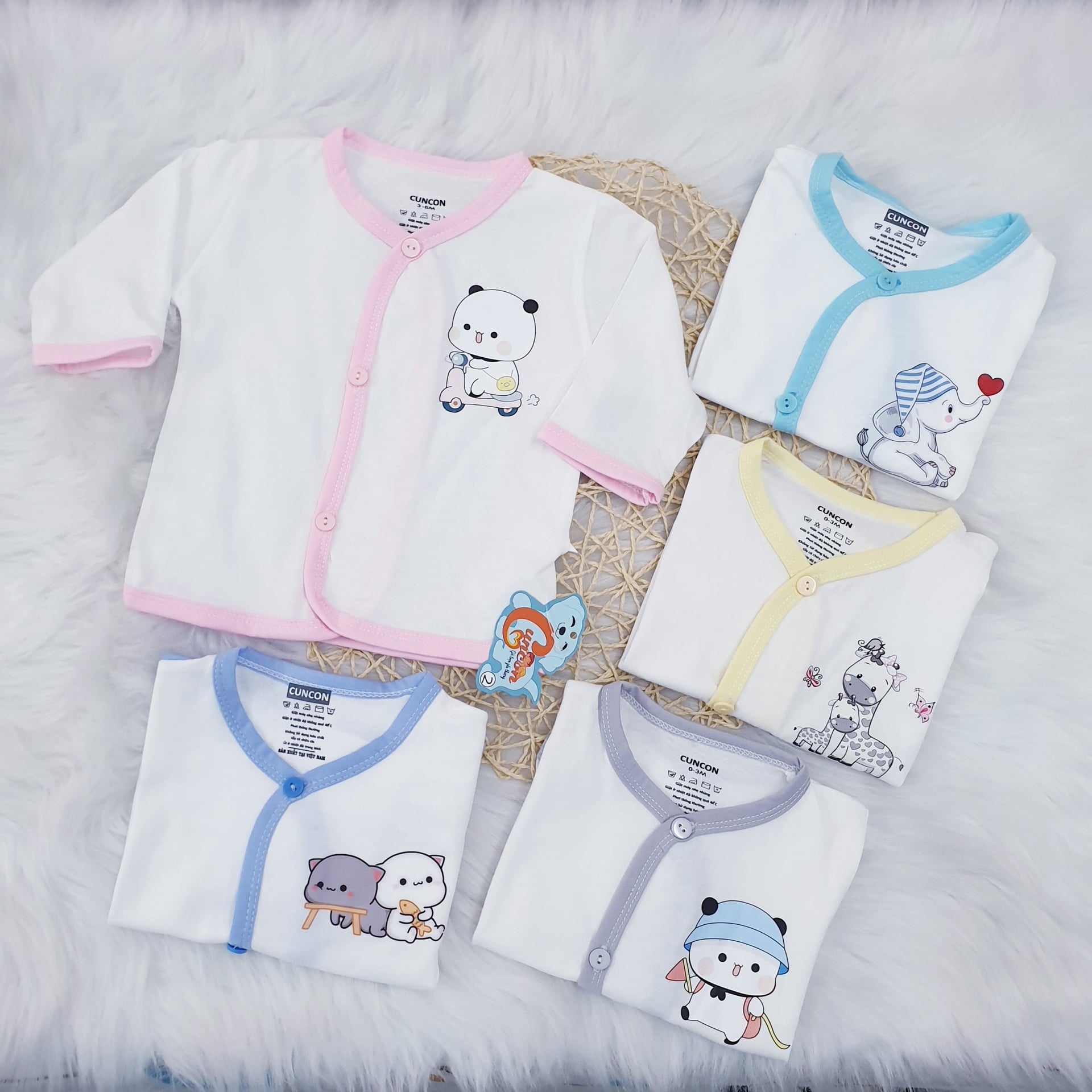 [CC04] 3-9kg - ÁO CÀI XÉO TAY DÀI TRẮNG VIỀN CHO BÉ SƠ SINH - CÚN CON - Viền Xanh Ngọc