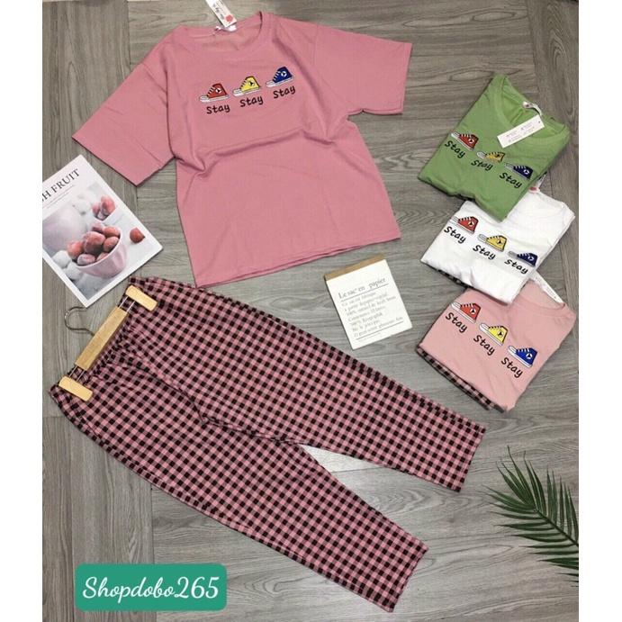 Đồ bộ nữ,đồ ngủ mặc nhà lửng áo thun cotton phối quần kaki họa tiết dễ thương.