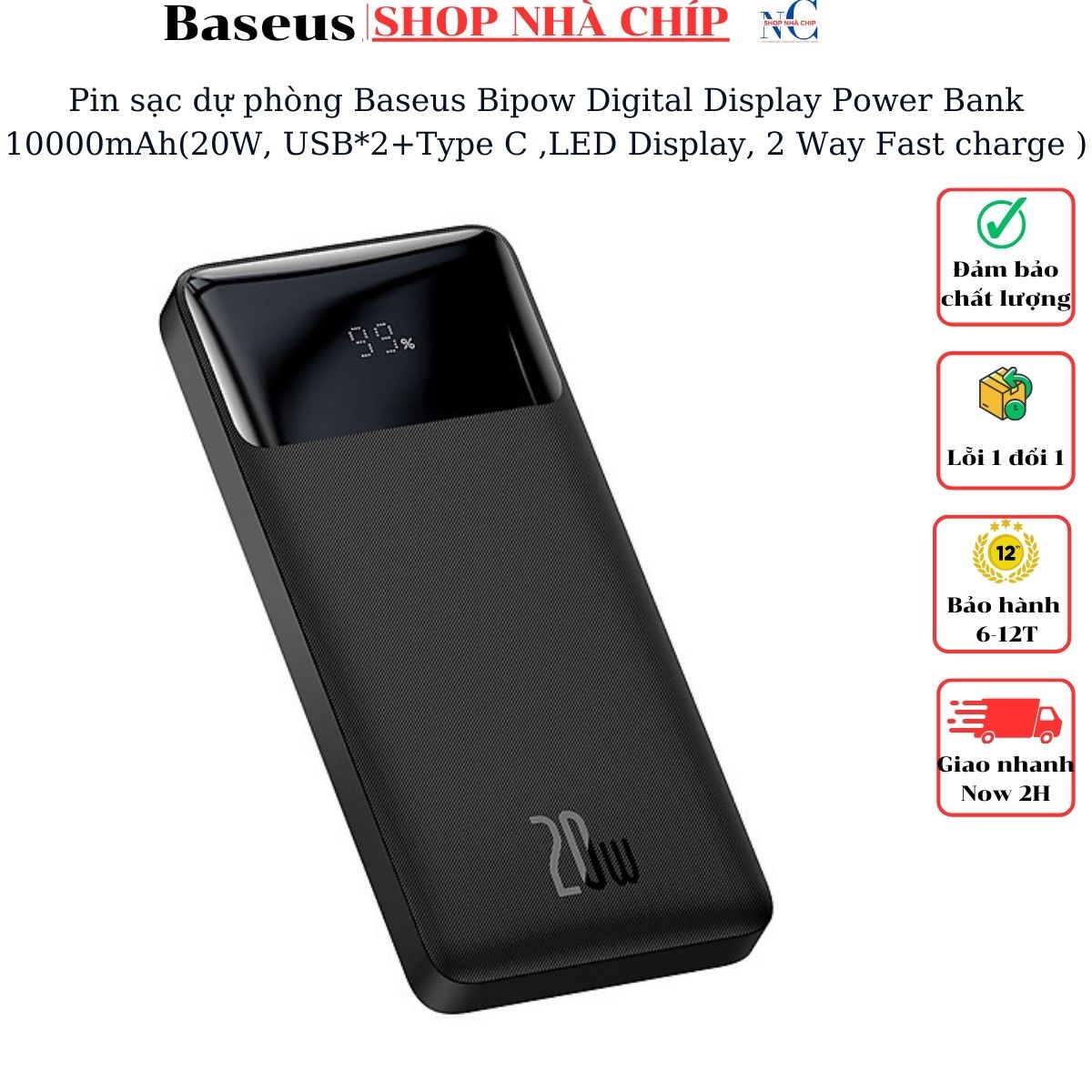 Hình ảnh Pin sạc dự phòng Baseus Bipow Digital Display Power Bank 20000mAh ( 15W/20W, USB*2+Type C , LED Display, 2 Way Fast charge ) - Hàng chính hãng