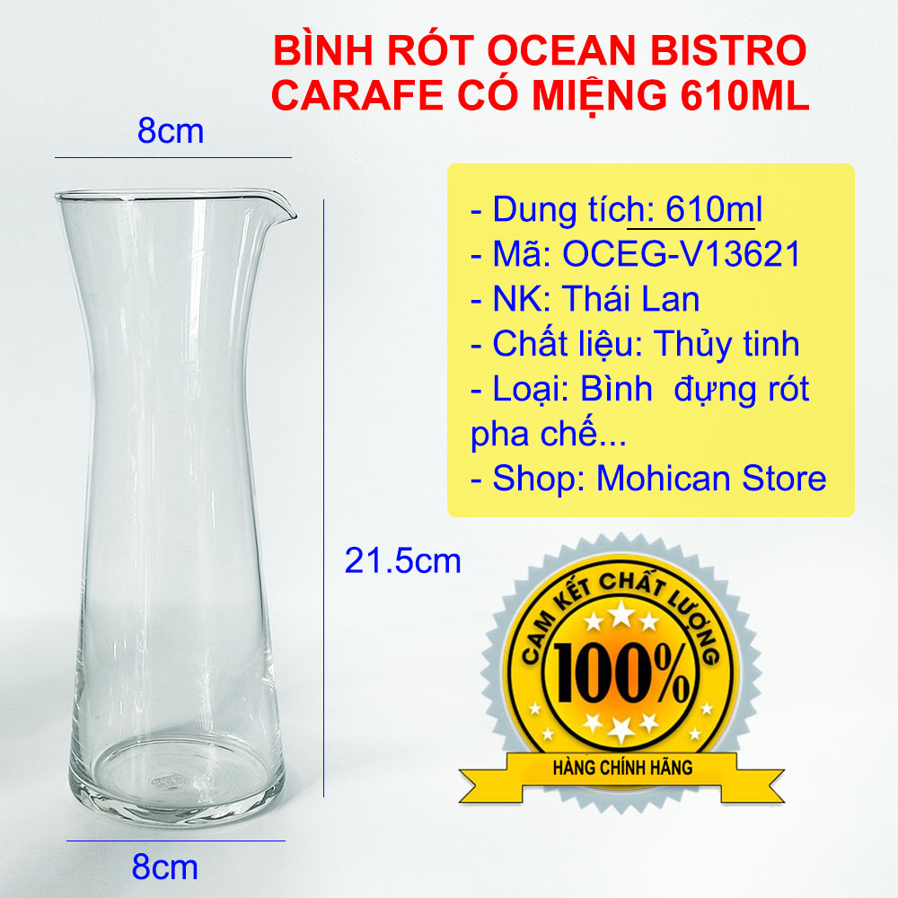 Bình rót thủy tinh có miệng Ocean Bistro Carafe 610ml, bình đựng thở rựu vang đẹp, cổ eo tiện lợi Mohican OCEG-V13621